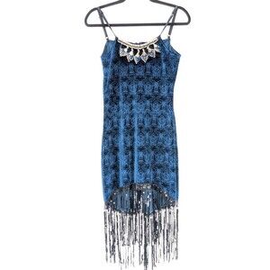 Art Deco Teal Velour 1920s Gatsby Embellished Sequin Rhinestone Fringe Dress M